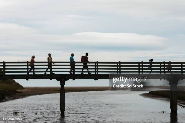 summer silhouette - leading people across a bridge stock pictures, royalty-free photos & images