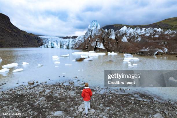 vista de ángulo alto joven mirando hacia el impresionante glaciar svínafellsjökull - skaftafell fotografías e imágenes de stock