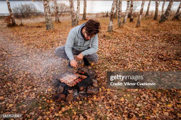 man making barbeque in the nature on a beautiful autumn day - fireplace forest stock pictures, royalty-free photos & images