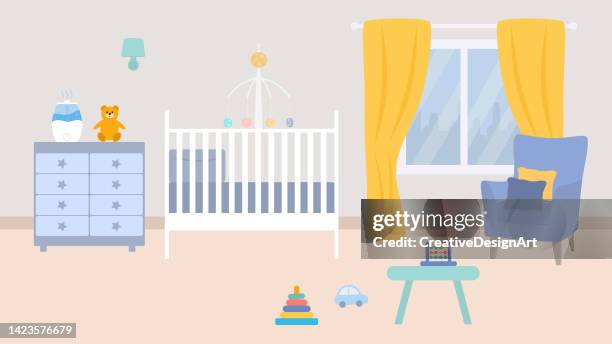 babyzimmer-interieur mit babybett, sessel, kommode, luftbefeuchter und spielzeug - babybett stock-grafiken, -clipart, -cartoons und -symbole
