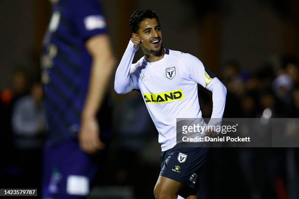 Daniel Arzani of the Bulls celebrates scoring a goal during the Australia Cup Semi Final match between Oakleigh Cannons FC and Macarthur FC at Jack...