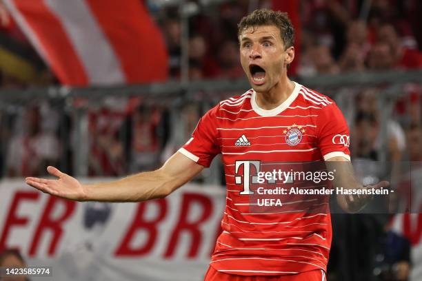 Thomas Müller of München reacts during the UEFA Champions League group C match between FC Bayern München and FC Barcelona at Allianz Arena on...