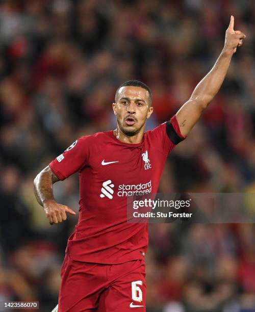 Liverpool player Thiago Alcantara in action during the UEFA Champions League group A match between Liverpool FC and AFC Ajax at Anfield on September...