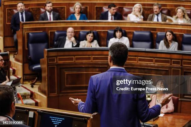 The President of the Government, Pedro Sanchez, speaks during a plenary session at the Congress of Deputies, on 14 September, 2022 in Madrid, Spain....