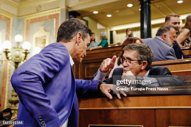 The President of the Government, Pedro Sanchez and the spokesman of the Socialist Parliamentary Group in the Congress of Deputies, Patxi Lopez , talk...