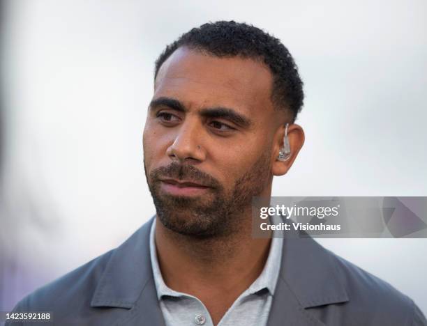 Former West Ham United player Anton Ferdinand prior to the Europa Conference League Play-off First Leg match between West Ham United and Viborg FF at...