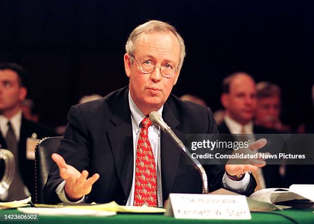 Independent Counsel Kenneth W Starr testifies before the US Senate Committee on Governmental Affairs on Capitol Hill, Washington DC, April 14, 1999....