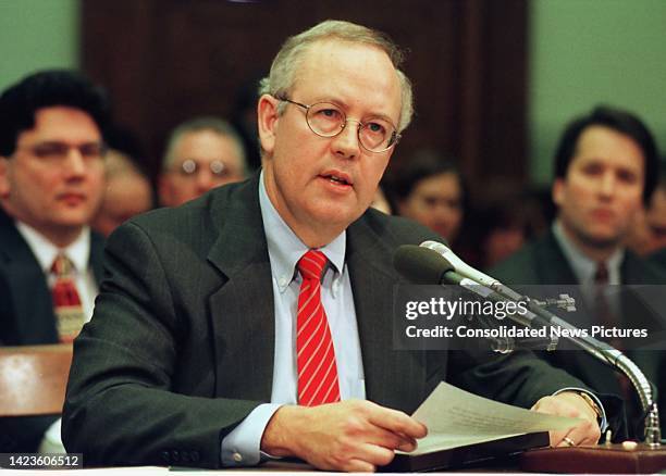 Independent Counsel Kenneth W Starr testifies before a US House Judiciary Committee hearing, Washington DC, November 19, 1998. The hearing addressed...