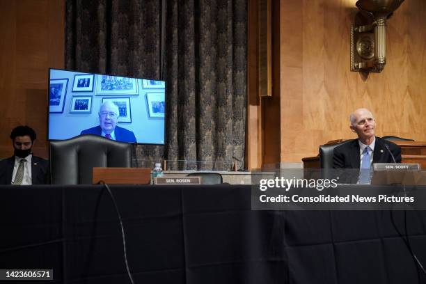 American attorney and former US Solicitor General Kenneth W Starr testifies remotely, via a monitor, before the Senate Homeland Security &...