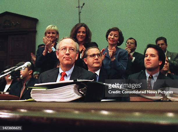 Independent Counsel Kenneth W Starr is applauded following his testimony before a US House Judiciary Committee hearing, Washington DC, November 19,...