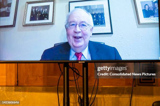 American attorney and former US Solicitor General Kenneth W Starr testifies remotely, via a monitor, before the Senate Homeland Security &...