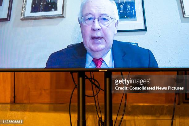 American attorney and former US Solicitor General Kenneth W Starr testifies remotely, via a monitor, before the Senate Homeland Security &...