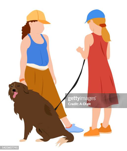 girls and their pet dog dark brown - racewalking stock illustrations