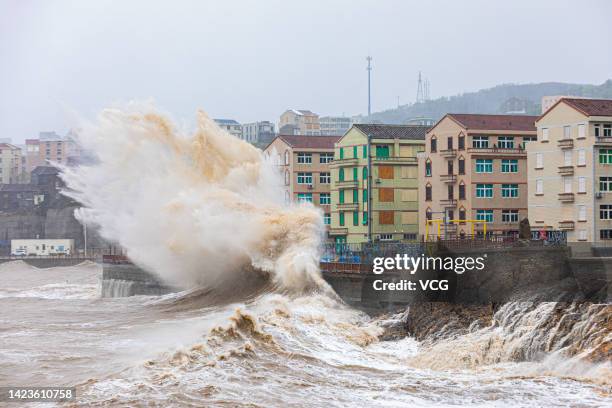 High waves pound the coastline as typhoon Muifa approaches on September 14, 2022 in Wenling, Taizhou City, Zhejiang Province of China. Muifa, the...