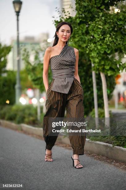 Chriselle Lim wears silver earrings, a dark and pale brown striped print pattern shoulder-off / asymmetric shoulder top, dark brown and black striped...