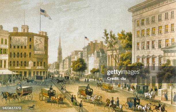 stockillustraties, clipart, cartoons en iconen met broadway, new york city, 1859 - broadway manhattan