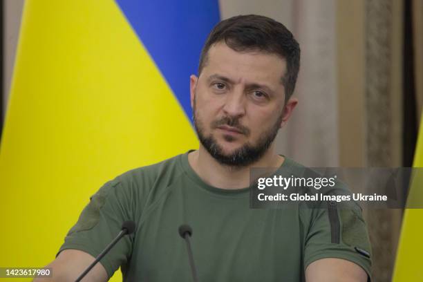 President of Ukraine Volodymyr Zelenskyi during a joint press conference with President of Turkey Recep Tayyip Erdogan and Secretary-General of the...