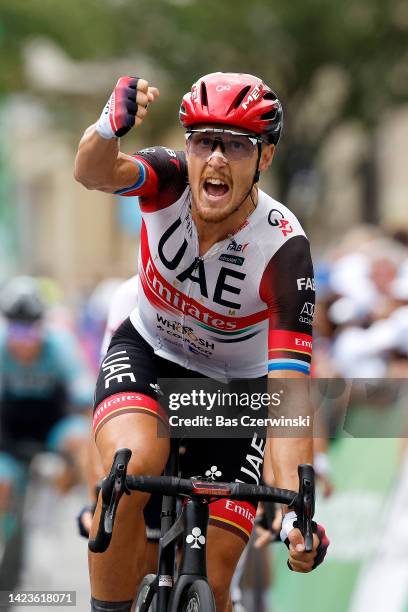 Matteo Trentin of Italy and UAE Team Emirates celebrates winning during the 82nd Skoda Tour Luxembourg 2022 - Stage 2 a 163,4km stage from...