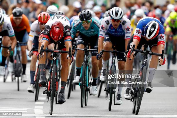 Matteo Trentin of Italy and UAE Team Emirates sprints to win ahead of Davide Ballerini of Italy and Florian Senechal of France and Team Quick-Step -...