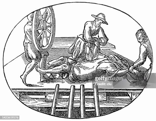 enforcement of a death sentence by wheel - medieval torture stock illustrations