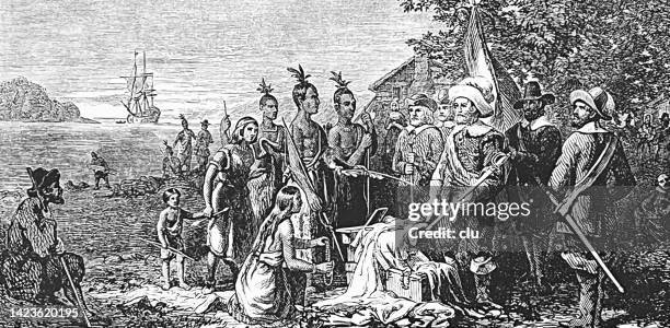 the $24 deal: dutch merchants buy the land of manhattan from the indians - new amsterdam stock illustrations