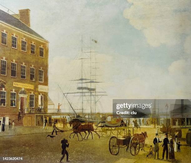 illustrazioni stock, clip art, cartoni animati e icone di tendenza di cortlandt street, new york, 1819 - 1810 1819