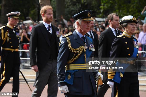 Vice Admiral, Sir Timothy Laurence, Prince Harry, Duke of Sussex, Peter Phillips, King Charles III and Princess Anne, Princess Royal walk behind the...