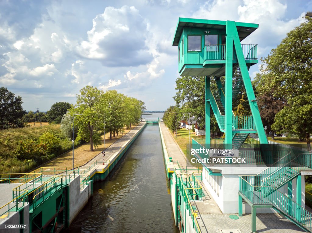 Przegalina lock on the Martwa Wisla canal seen from the drawbridge.