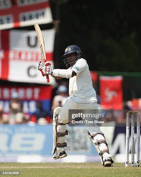 Thilan Samaraweera of Sri Lanka hits out during day1 of the second test match between Sri Lanka and England at the P Sara Stadium on April 3, 2012 in...