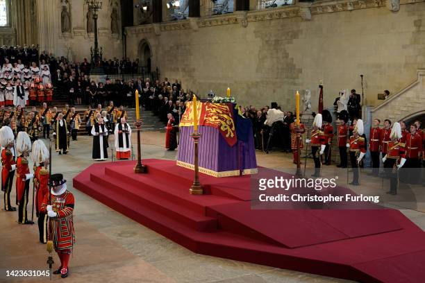 General view as the coffin carrying Queen Elizabeth II rests in Westminster Hall for the Lying-in State on September 14, 2022 in London, England....