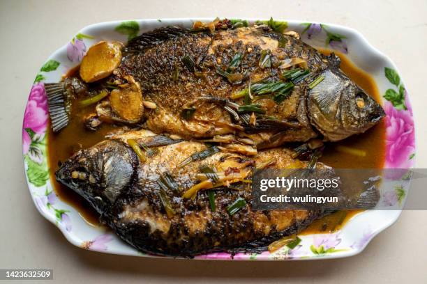 traditional homemade braised carp with soy sauce - karausche stock-fotos und bilder