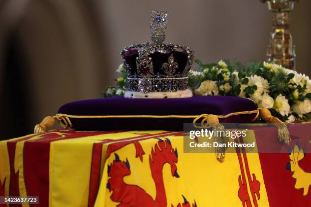 General view of the Imperial State Crown as the coffin carrying Queen Elizabeth II rests in Westminster Hall for the Lying-in State on September 14,...