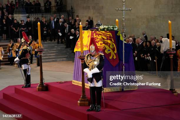 General view as the coffin carrying Queen Elizabeth II rests in Westminster Hall for the Lying-in State as the first guard takes their place on...