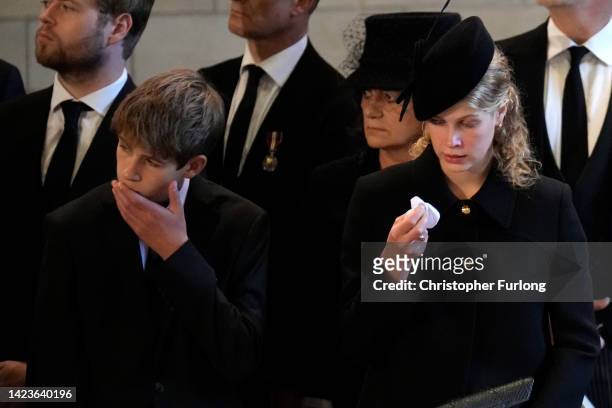 James, Viscount Severn and Lady Louise Windsor pay their respects in The Palace of Westminster after the procession for the Lying-in State of Queen...