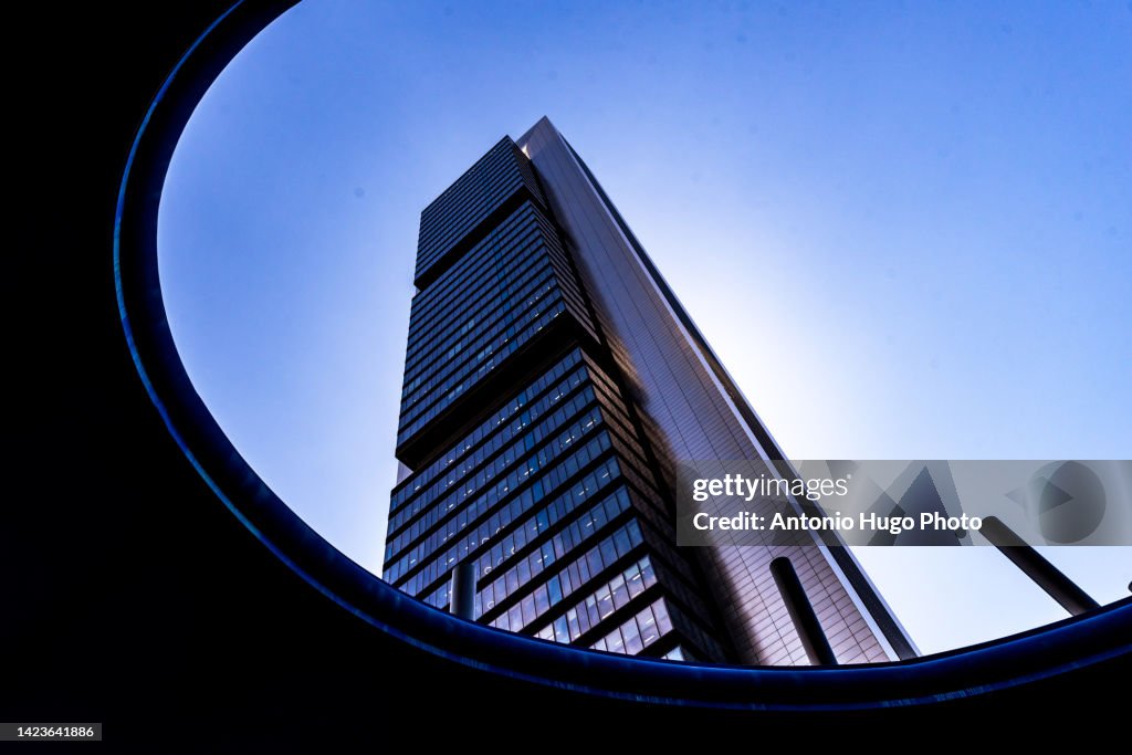 Skyscraper seen from below. Financial area of Madrid, Spain.