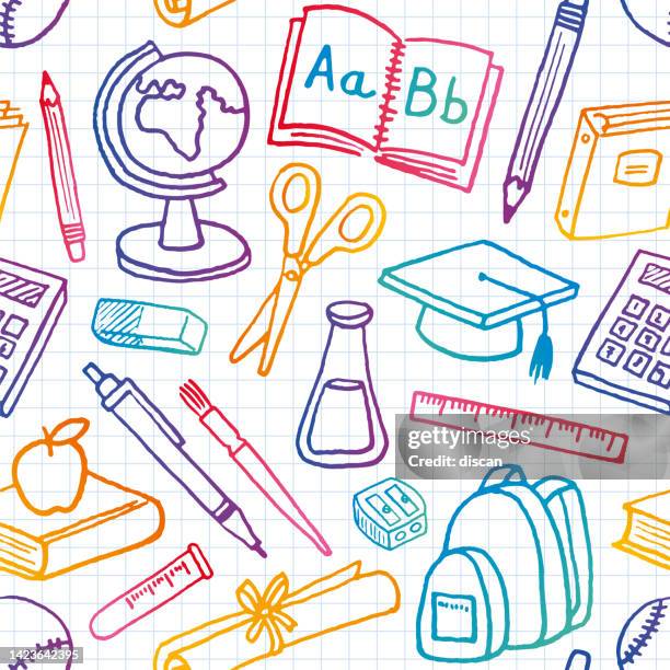 stockillustraties, clipart, cartoons en iconen met school supply seamless pattern background with modern line style colored icons. - paint tube