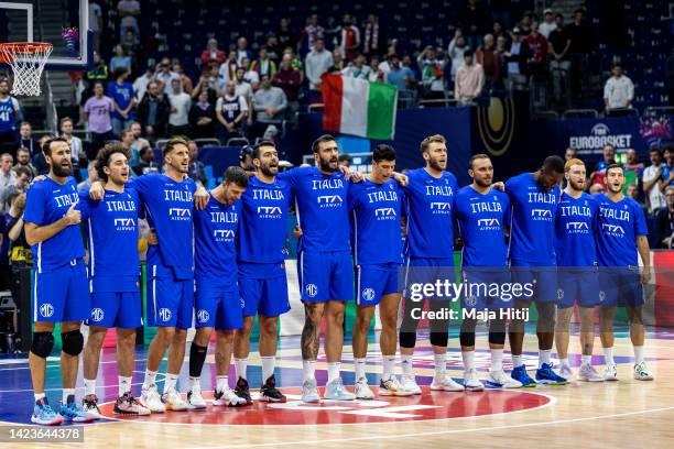 Team of Italy during a national anthem prior to the FIBA EuroBasket 2022 quarterfinal match between France v Italy at EuroBasket Arena Berlin on...
