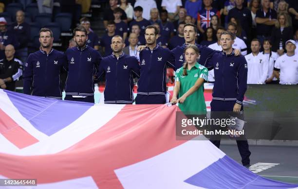 Leon Smith, team captain of Great Britain, Cameron Norrie, Dan Evens, Andy Murray, Joe Salisbury and Neal Skupski of team of Great Britain stand as...