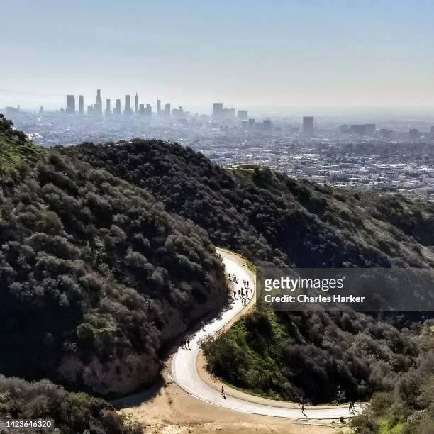 aerial view of downtown los angeles from runyon park - hollywood hills los angeles stockfoto's en -beelden