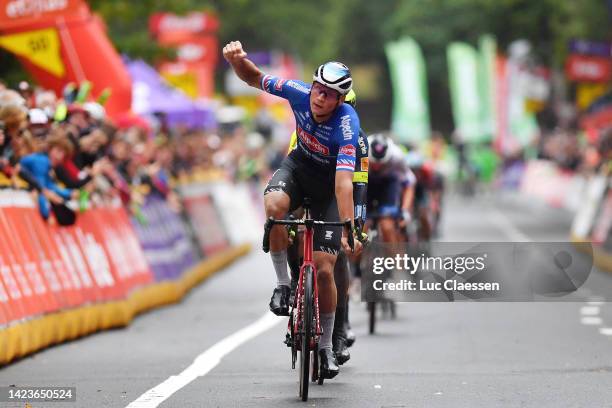 Mathieu Van Der Poel of Netherlands and Team Alpecin-Deceuninck celebrates winning during the 62nd Grand Prix de Wallonie 2022 a 199,7km one day race...