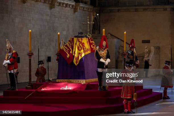 The coffin carrying Queen Elizabeth II is laid to rest in Westminster Hall for the Lying-in State on September 14, 2022 in London, England. Queen...