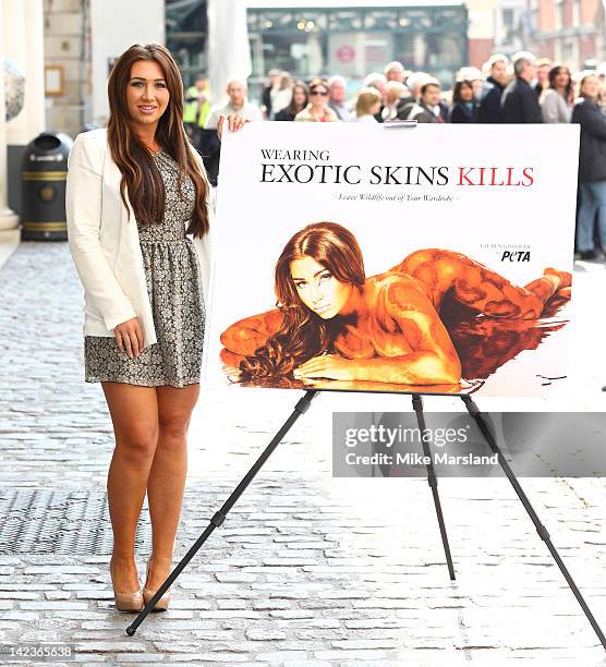 Lauren Goodger unveils new Anti-Exotic-Skins PETA ad at Covent Garden on April 3, 2012 in London, England.