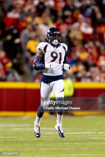 Stephen Weatherly of the Denver Broncos runs against the Kansas City Chiefs during the first half of an NFL football game at Arrowhead Stadium on...