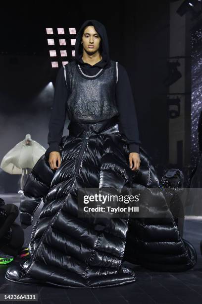 Model walks the runway during the PUMA presents Futrograde fashion show during New York Fashion Week at Cipriani 25 Broadway on September 13, 2022 in...