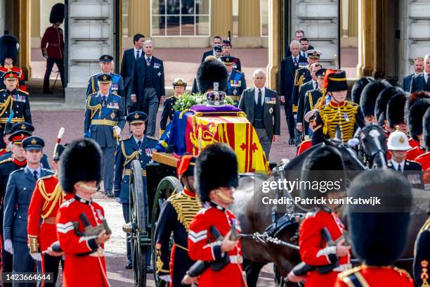 King Charles III, Prince William Prince of Wales, Princess Anne The Princess Royal, Prince Andrew Duke of York and Prince Edward Earl of Wessex walk...