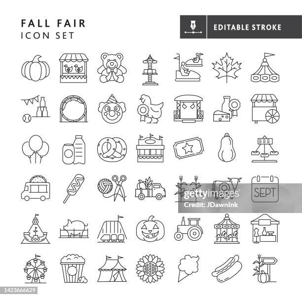 fall carnival, agricultural fair, harvest festival thin line icon set amusement rides, carnival food, fall and autumn elements - editable stroke - traditional festival stock illustrations