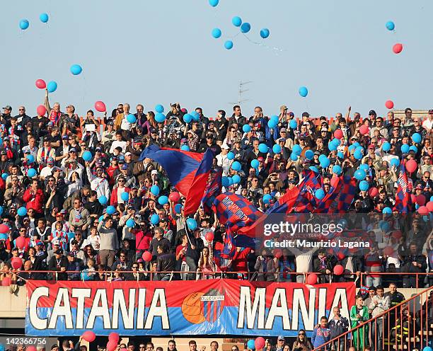 Fans of Catania during the Serie A match between Catania Calcio and AC Milan at Stadio Angelo Massimino on March 31, 2012 in Catania, Italy.