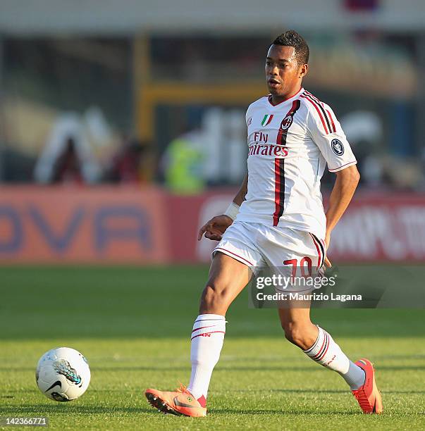 Robinho of Milan in action during the Serie A match between Catania Calcio and AC Milan at Stadio Angelo Massimino on March 31, 2012 in Catania,...