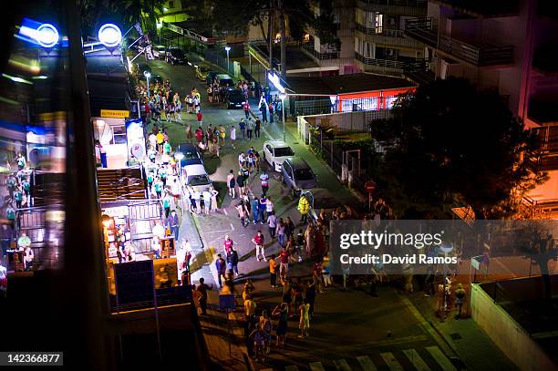 British students enjoy the nightlife in the Catalan village of Salou during the second night of parties during the SalouFest on April 2, 2012 in...