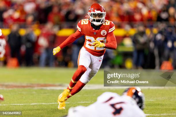 Juan Thornhill of the Kansas City Chiefs defends against the Denver Broncos during the second half of an NFL football game at Arrowhead Stadium on...